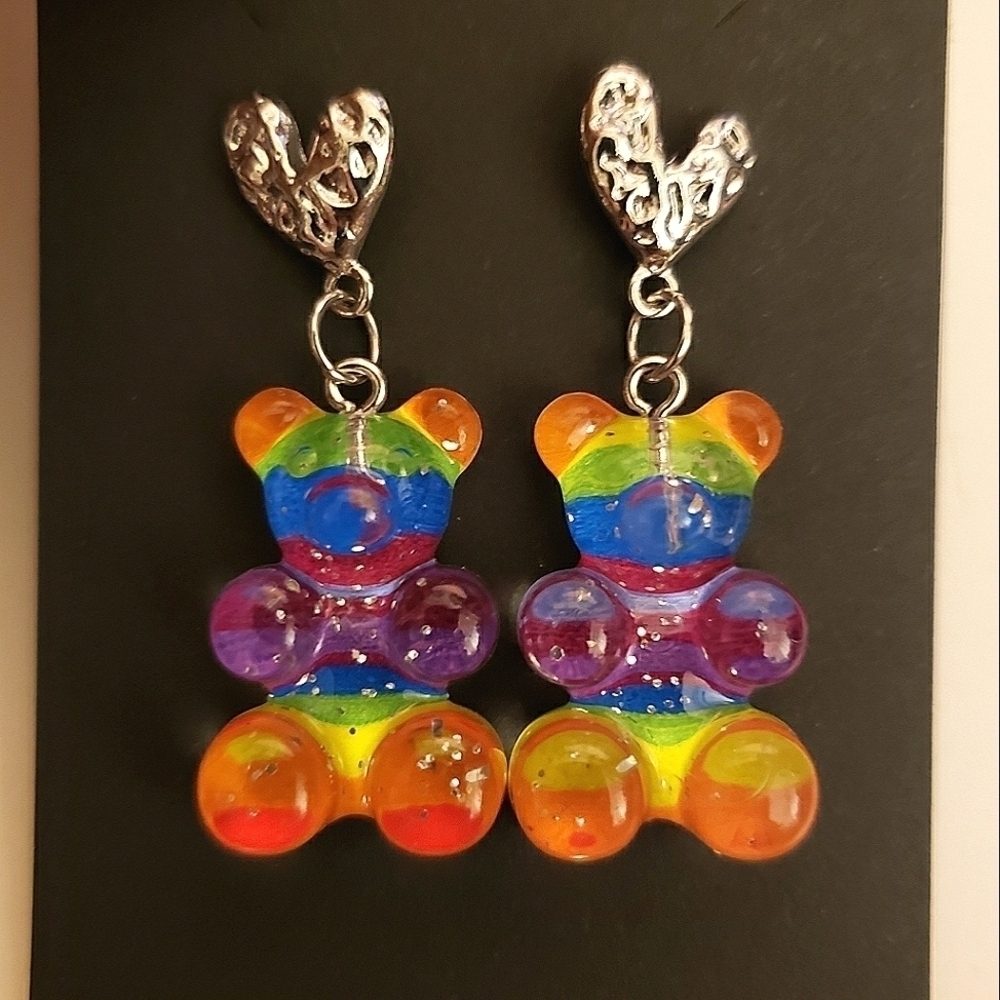 Handmade Rainbow Heart Gummy Bear Earrings